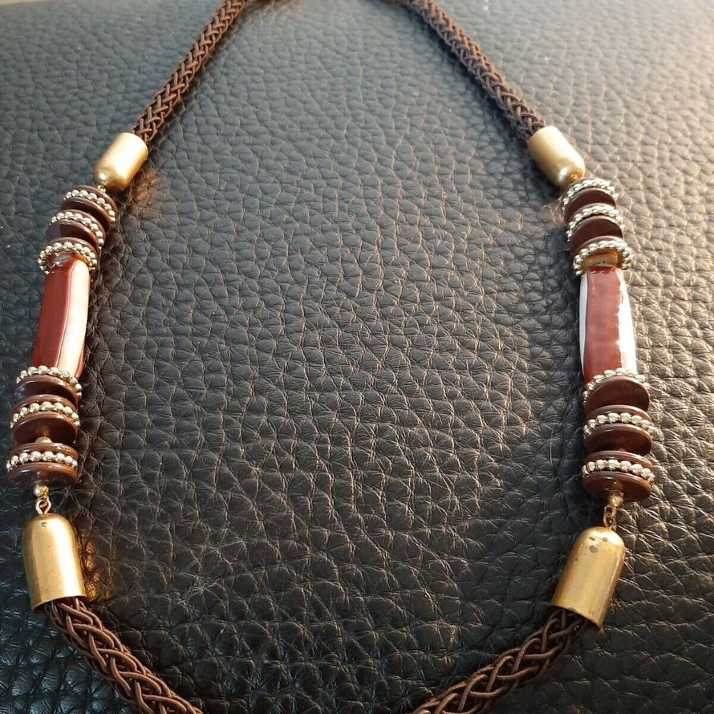 Miriam Haskell Vintage 60s Signed Rope Brass Brown Bead long Necklace 29"